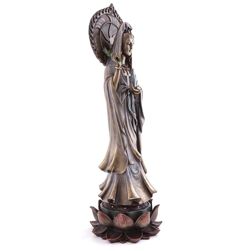 Top Collection Guan Yin Statue Standing on Lotus Pedestal- Quan Yin East Asian Goddess of Compassion and Mercy Sculpture in Premium Cold Cast Bronze - 16.75-Inch Collectible Meditating Buddha Figurine - Image 2